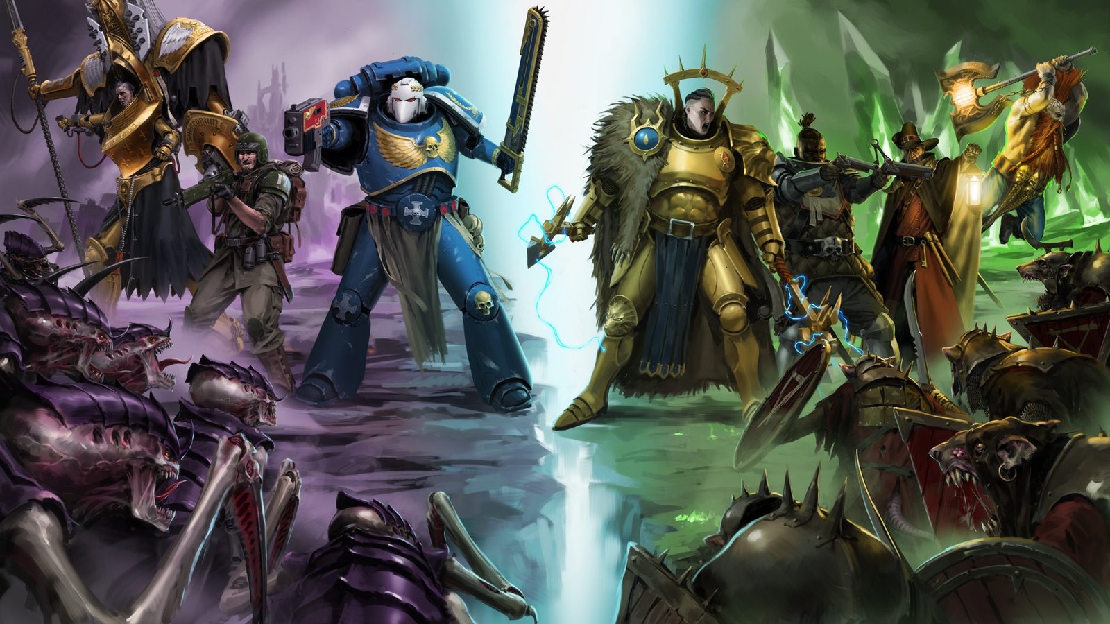 Arte oficial de Warhammer Survivors con campeones de Warhammer 40,000 y Age of Sigmar