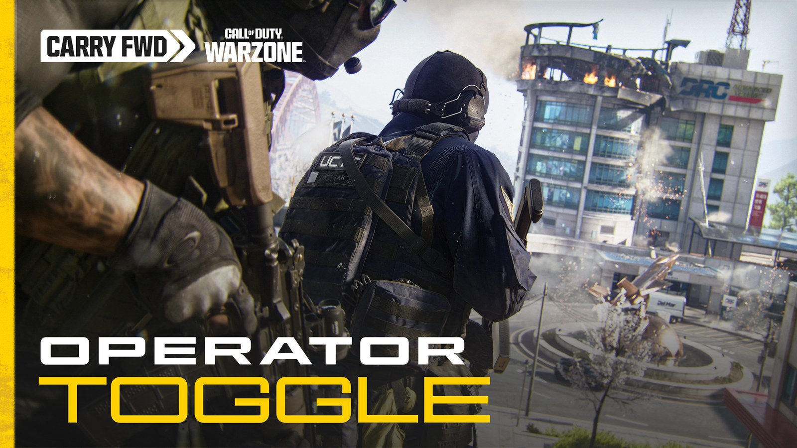 Arte oficial del filtro de operadores de Warzone con un soldado ante una zona industrial