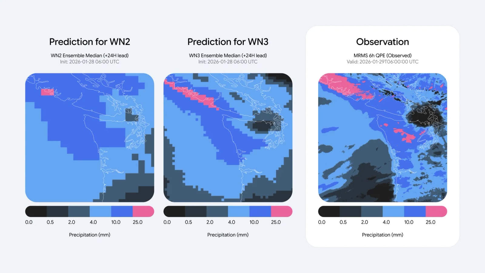 Comparación de precipitación entre WeatherNext 2, WeatherNext 3 y la observación
