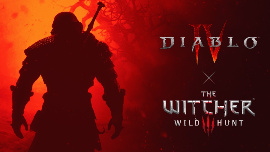 Silueta de Geralt junto a los logotipos de Diablo 4 y The Witcher 3