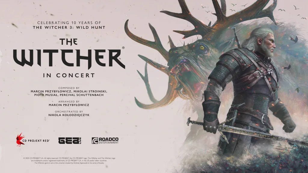 Arte oficial de The Witcher in Concert con Geralt frente a una orquesta