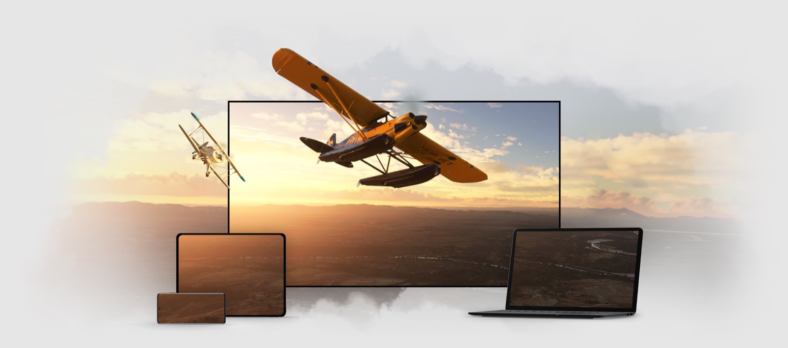 Microsoft Flight Simulator appears across a TV, laptop, tablet and phone