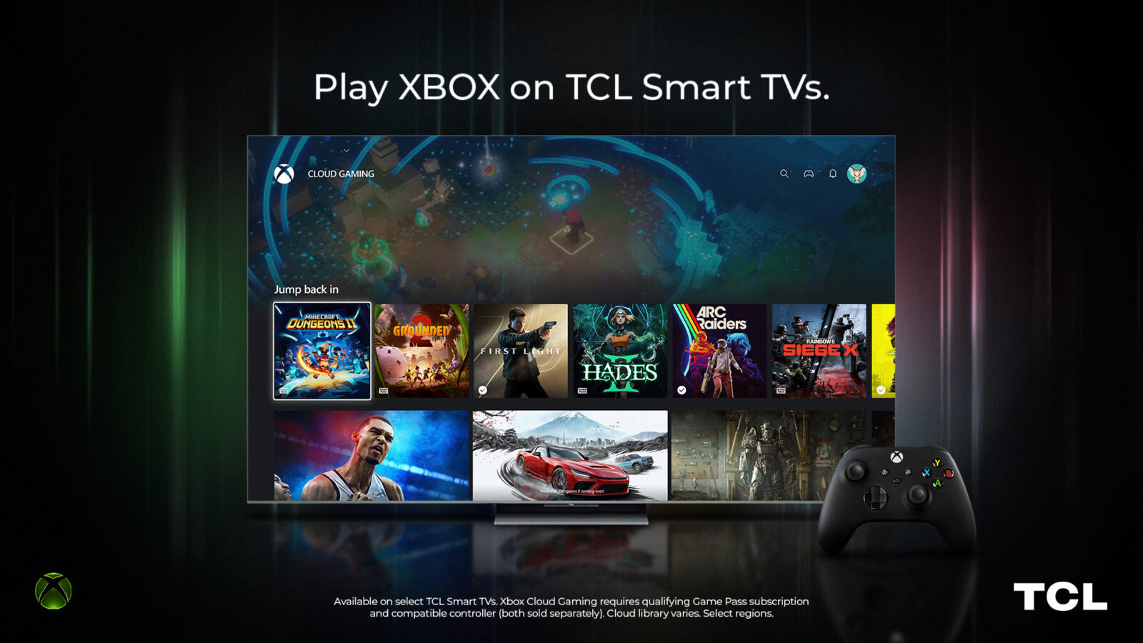 Xbox app open on a TCL television beside a controller