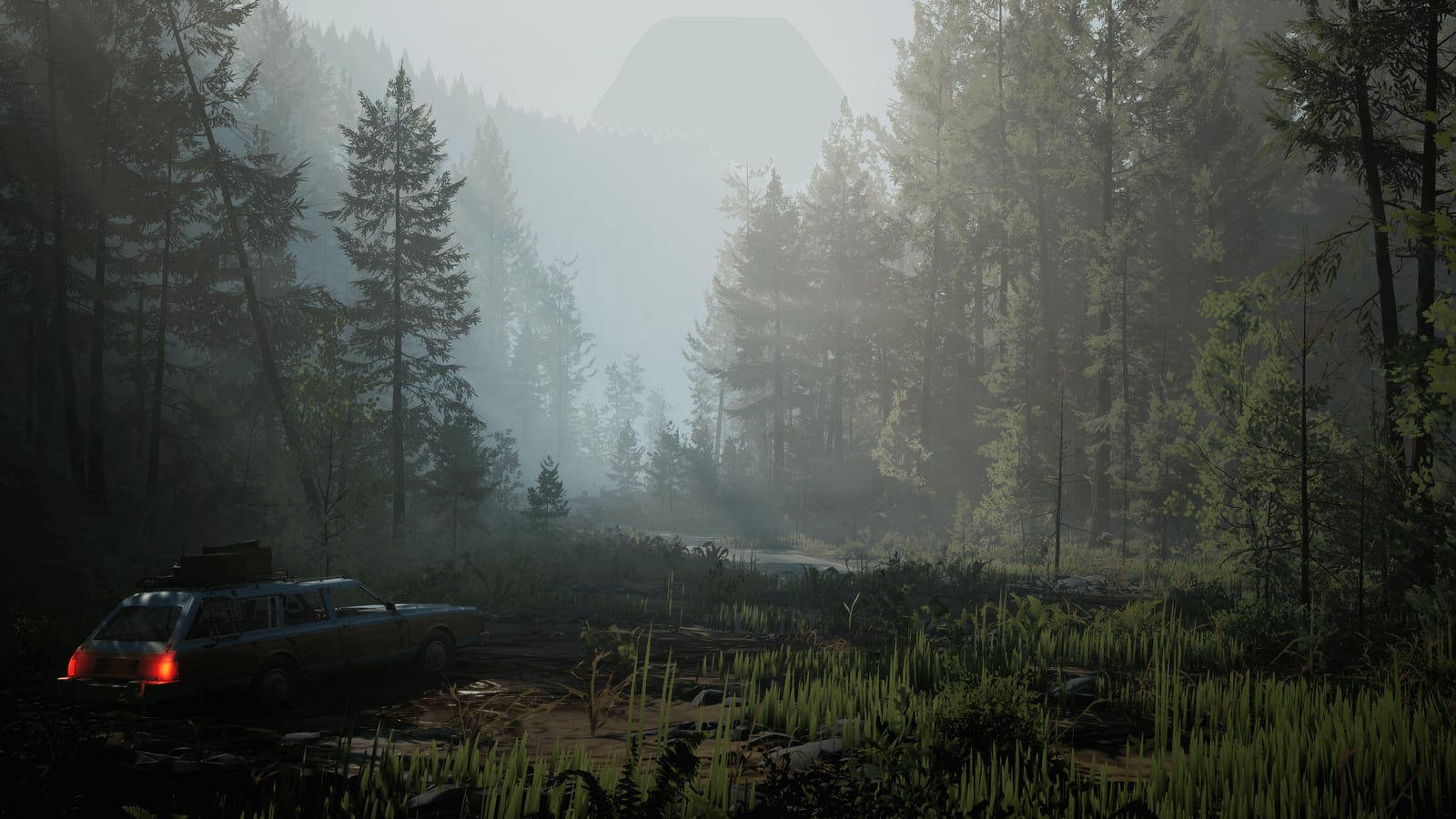 Pacific Drive’s station wagon on a forest road in an official base-game screenshot