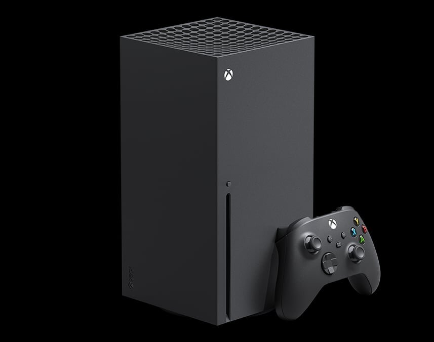 Black Xbox Series X with a disc drive and its wireless controller