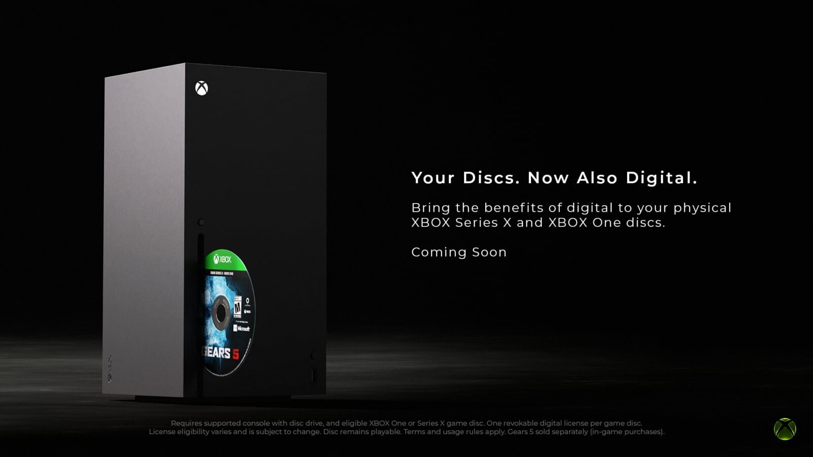 Xbox Series X with a Gears 5 disc and the official Your Discs, Now Also Digital message