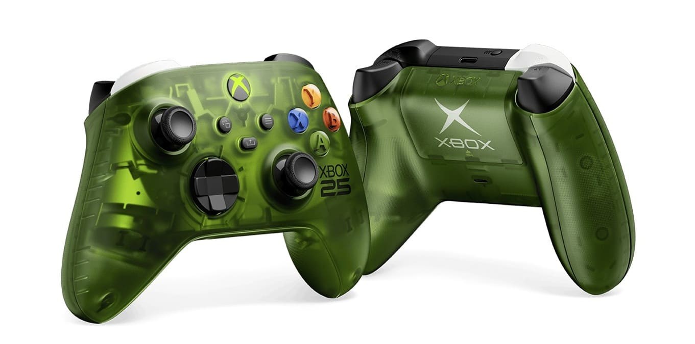 Xbox Series X25 controller in translucent green, seen from the front and back, with the XBOX 25 logo