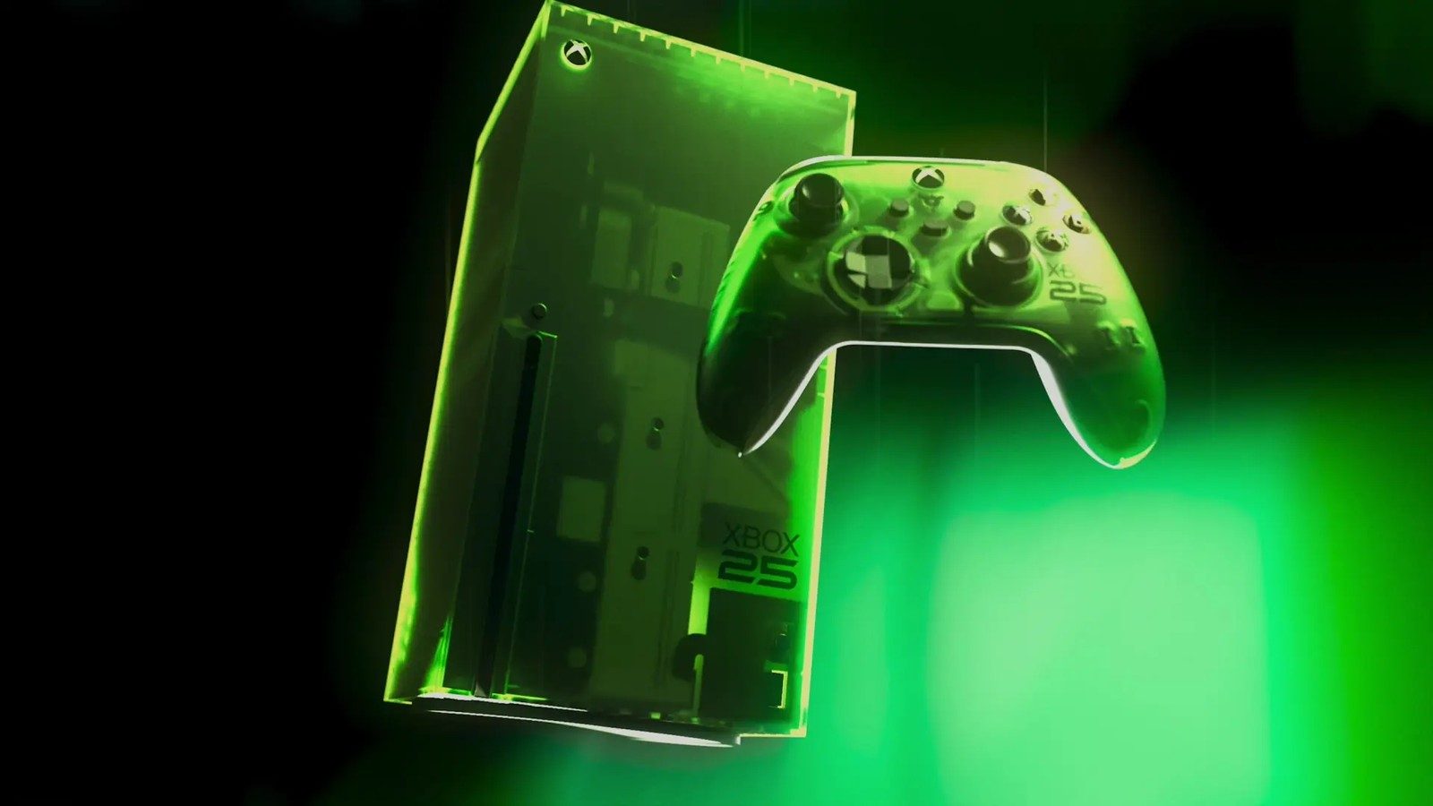 Xbox Series X25 and its controller floating over a bright green background in the 25th anniversary material