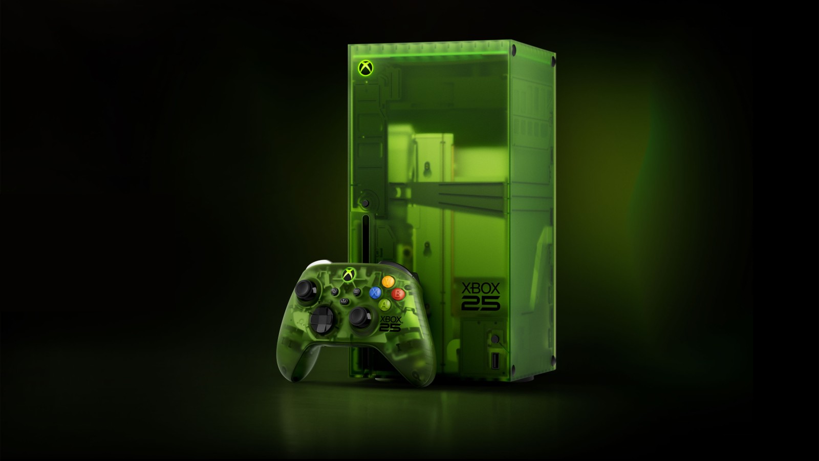 Translucent green Xbox Series X25 next to its matching controller, with the XBOX 25 logo and the illuminated X on top