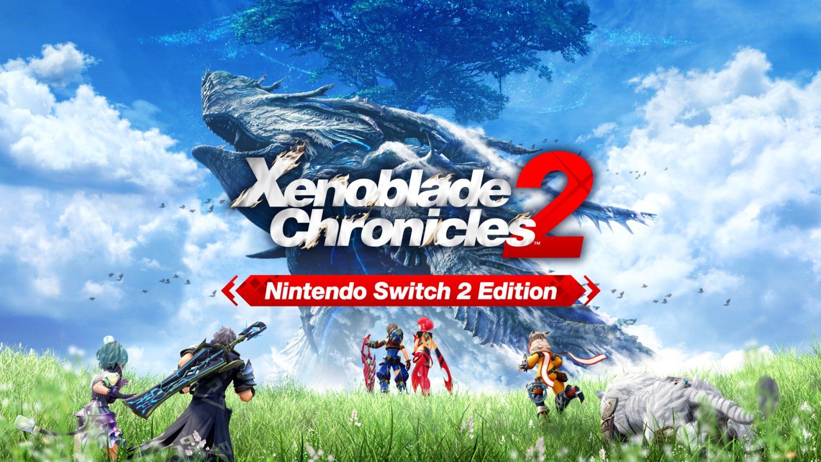Rex, Pyra y sus compañeros contemplan un titán en la imagen oficial de Xenoblade Chronicles 2 para Nintendo Switch 2