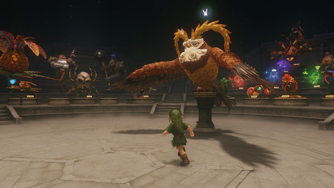 Young Link runs through the monster hall, surrounded by statues of defeated enemies