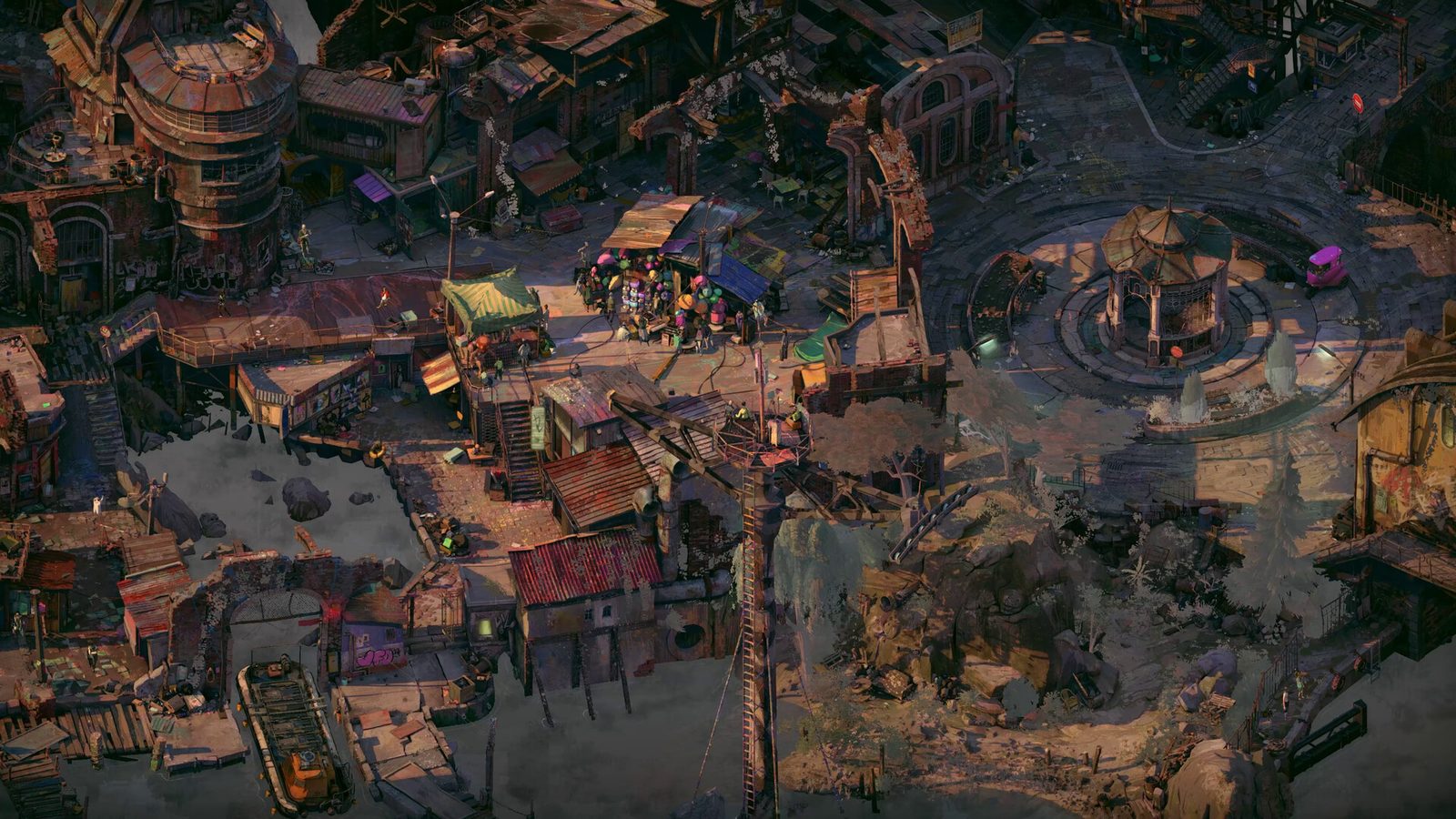 Vista panorámica de Bootleg Bazaar, una ciudad construida entre ruinas en Zero Parades: For Dead Spies