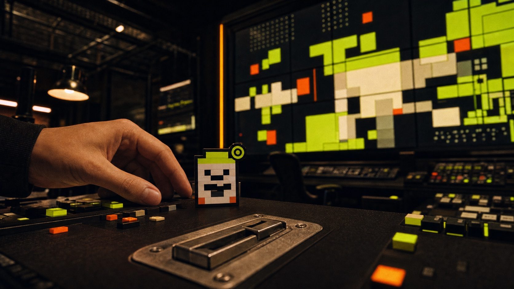 GLITCHIE at his guardian post, in front of the INSERT FUTURE control panels