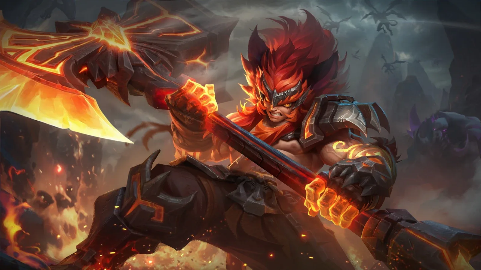 Aulus holding an axe with dark armour and a red mane in Mobile Legends