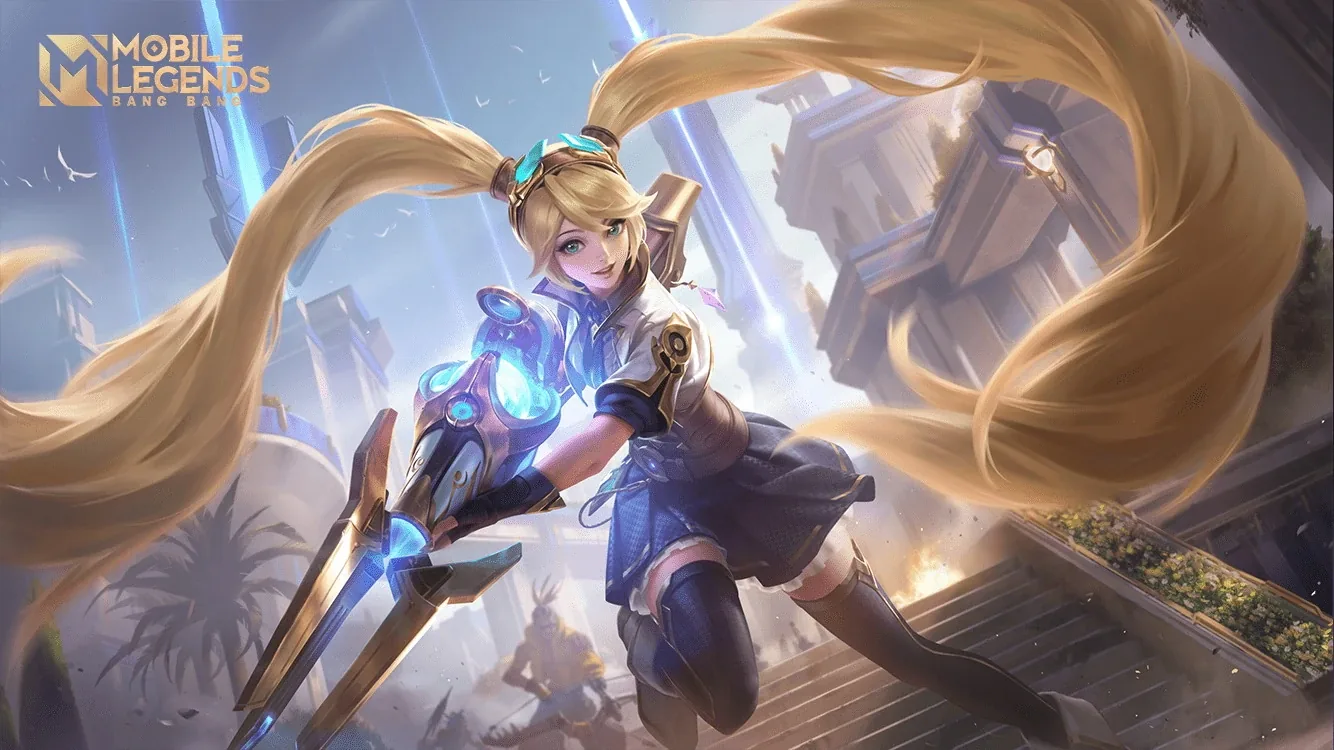 Layla with blonde ponytails and her blue cannon in Mobile Legends